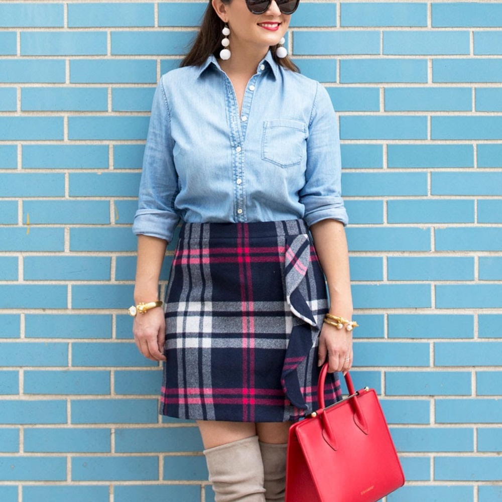 J. Crew Plaid Ruffle Front Mini Skirt in Double-Serge Wool